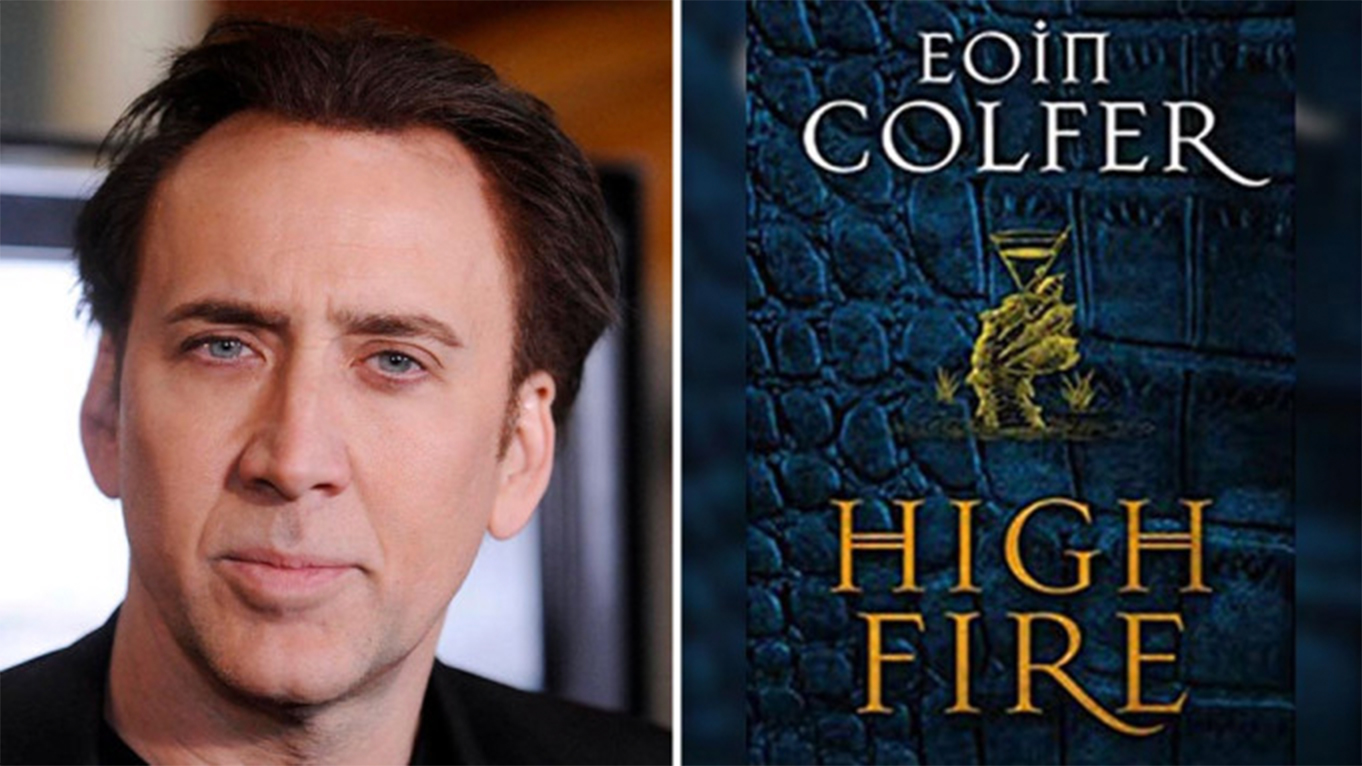 Nicolas Cage and book cover graphic for 'Highfire' TV series